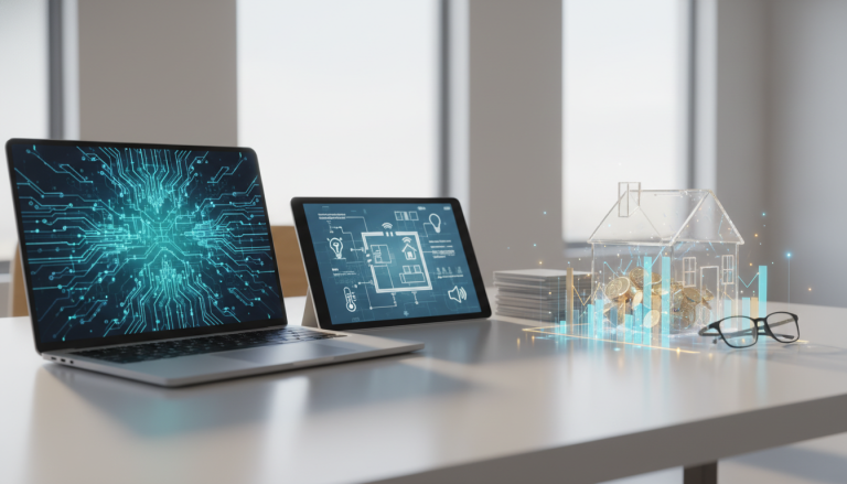 Nowoczesne stanowisko pracy programisty z wieloma monitorami i elementami inteligentnego domu.